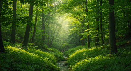 Green forest with sunbeams in the morning. Nature composition.の素材