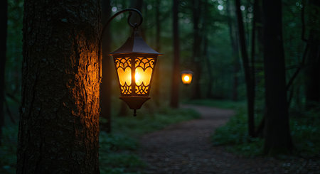 Lantern in the park at night. Selective focus.の素材