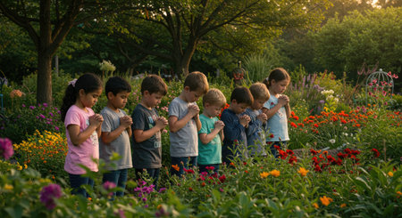 Group of happy children having fun together in the garden at sunset.の素材