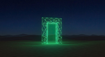 3d rendering of neon gate in the desert under the starry skyの素材