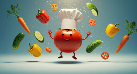 3d rendering of fresh vegetables character with chef hat and chef costumeの素材