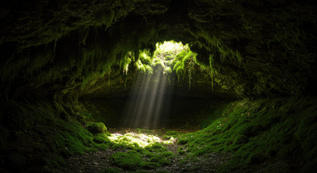 Inside of a cave with light shining through the dark green moss.の素材