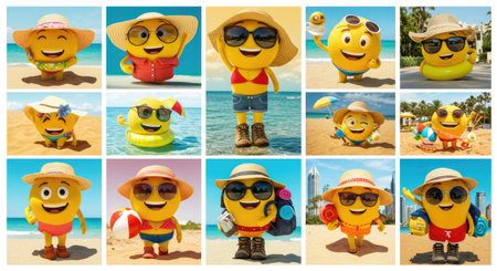 Set of funny cartoon characters on the beach, summer vacation concept.の素材