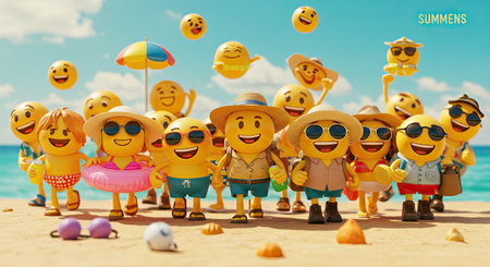 Group of happy kids on the beach. Summer vacation concept. 3D Renderingの素材