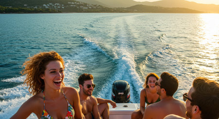 Group of friends having fun on a motor boat in the sea.の素材
