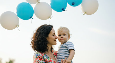 Portrait of a mother and her son on the background of balloonsの素材