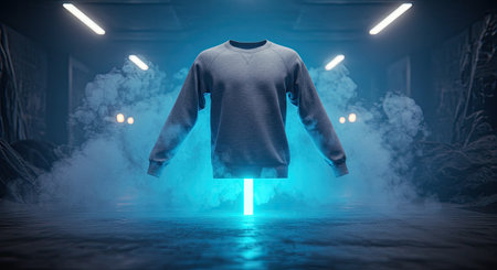 Futuristic dark room with neon lights and mannequin. 3d renderingの素材