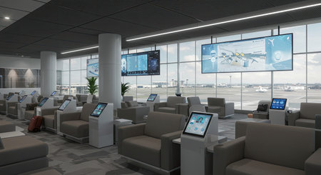 Airport terminal interior with computers and screens. 3D rendering.の素材