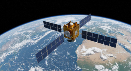 3D illustration of a satellite orbiting the earth in the space.の素材