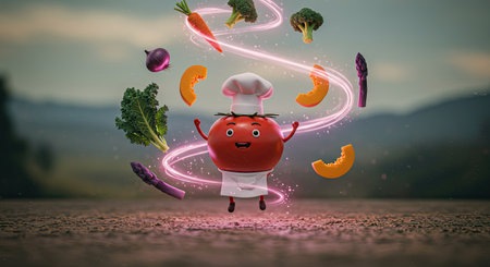 Funny vegetable character with arms outstretched and vegetables flying around himの素材