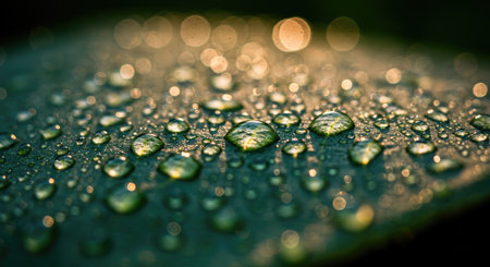 Water drops on green leaf macro close up. Beautiful nature background.の素材
