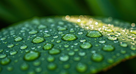 Water drops on green leaf in the morning. Shallow depth of field.の素材