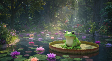 Frog on the lotus flower in the garden,3d renderの素材