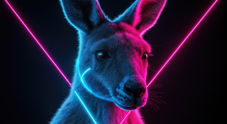 Kangaroo with neon lights on black background. 3D renderingの素材