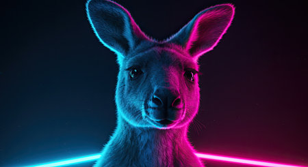 Portrait of a kangaroo with neon light on the backgroundの素材
