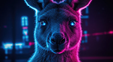 Close-up portrait of a cute red kangaroo in neon lightの素材