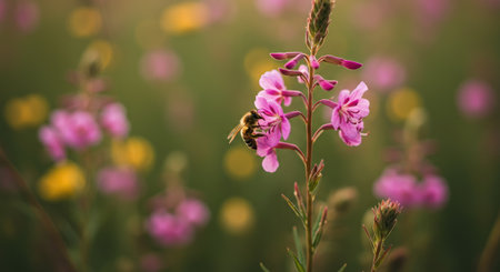 Bee on pink flower of fireweed in the summer meadow.の素材