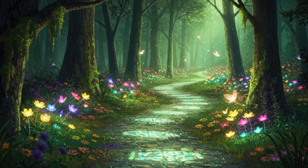 Fantasy landscape with a path in the woods among the flowers.の素材