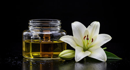 Essential oil in a glass bottle with lily flower on black backgroundの素材