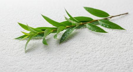 Green eucalyptus branch with water drops on white towelの素材