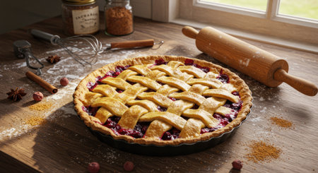 Freshly baked berry pie on a wooden board with rolling pinの素材