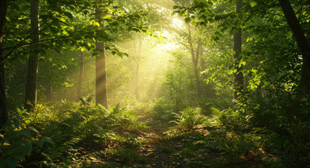 Morning in the forest. Sunbeams through the trees. Beautiful landscape.の素材