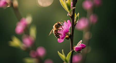 Honey bee collecting nectar on a pink flower of a peach treeの素材