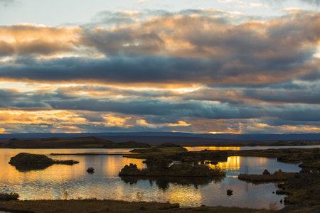 Beautiful landscape panorama with famous icelandic lake region Myvatn, Icelandの写真素材
