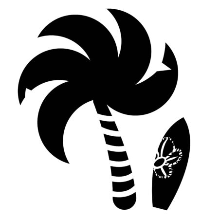 Palm with surfboard, recreation and resort in the tropics, on the sea. Travel to the south. Isolated element for design on white background.のイラスト素材