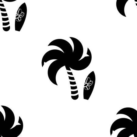 Palm with surfboard seamless pattern, recreation and resort in the tropics, on the sea. Travel to the south. Isolated element for design on white backgroundのイラスト素材