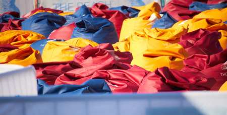 bean chair bag on the beachの写真素材