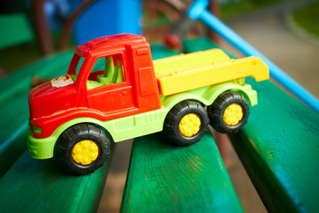 toy truck on the benchの写真素材