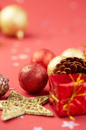 Christmas decoration on a red backgroundの写真素材