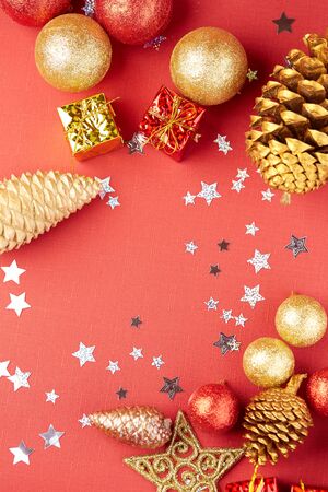 Christmas decoration on a red backgroundの写真素材