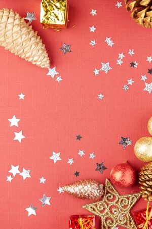 Christmas decoration on a red backgroundの写真素材