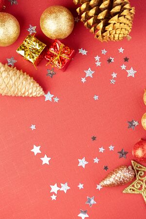 Christmas decoration on a red backgroundの写真素材