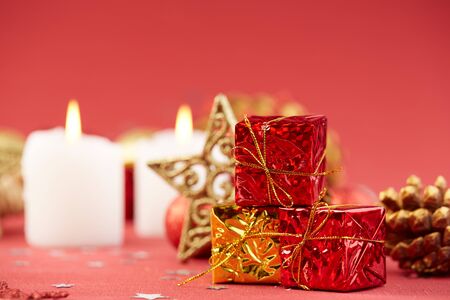 Christmas decoration on a red backgroundの写真素材