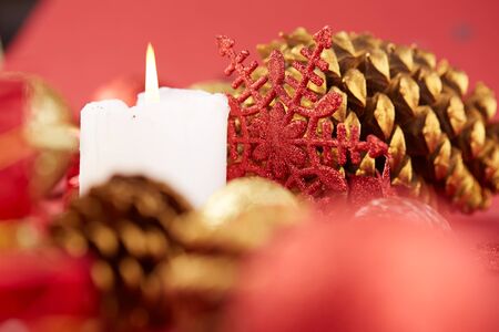 Christmas decoration on a red backgroundの写真素材
