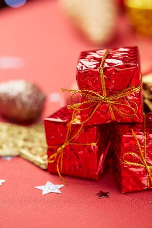 Christmas decoration on a red backgroundの写真素材