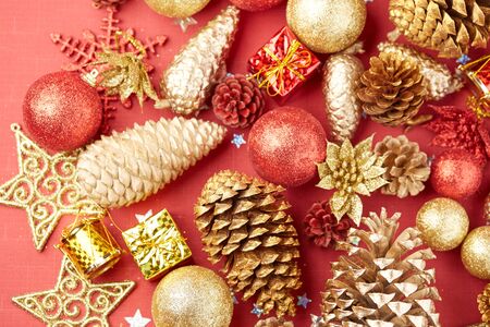 Christmas decoration on a red backgroundの写真素材