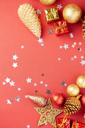 Christmas decoration on a red backgroundの写真素材