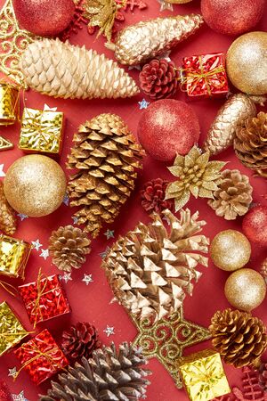Christmas decoration on a red backgroundの写真素材