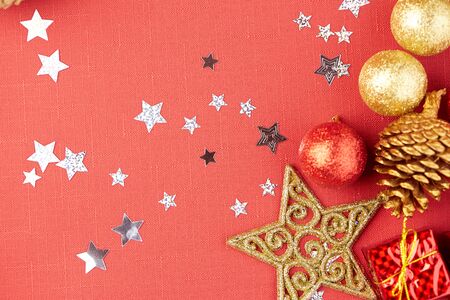 Christmas decoration on a red backgroundの写真素材