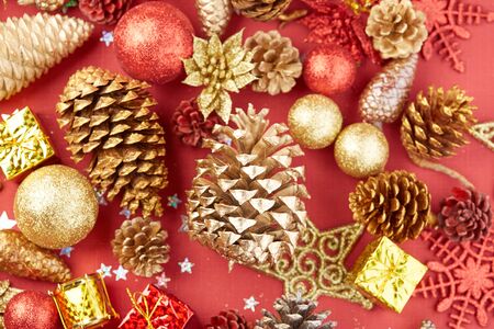 Christmas decoration on a red backgroundの写真素材