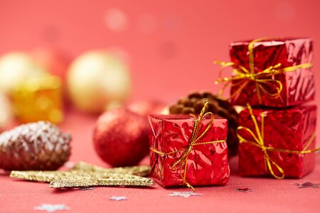 Christmas decoration on a red backgroundの写真素材