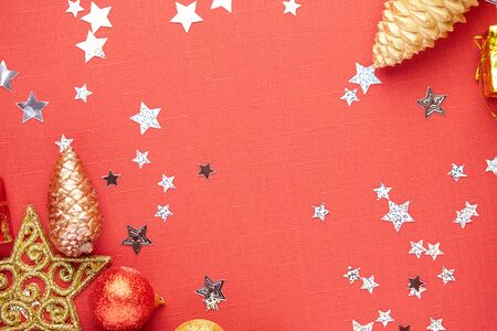 Christmas decoration on a red backgroundの写真素材