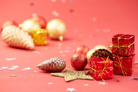 Christmas decoration on a red backgroundの写真素材