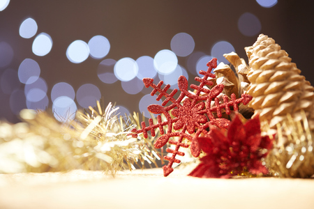 Christmas decorations on a background of lights and glareの写真素材