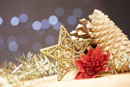 Christmas decorations on a background of lights and glareの写真素材