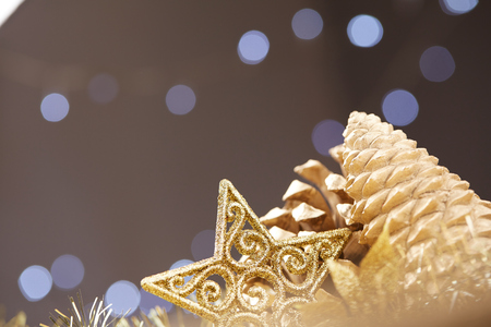 Christmas decorations on a background of lights and glareの写真素材